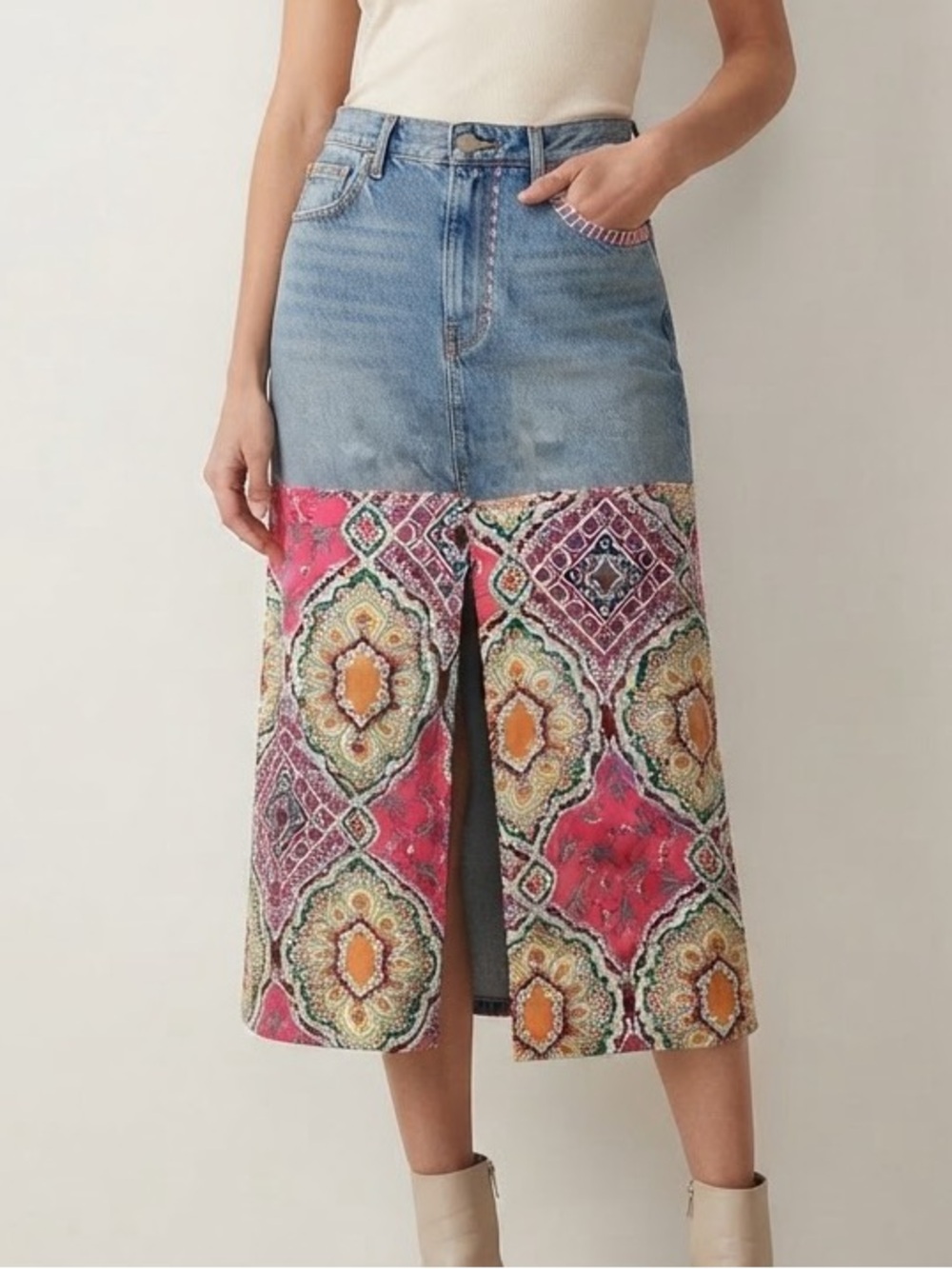 Denim Midi Skirt with Pink Patterned Panel